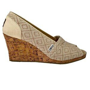 Toms Peep Toe Cork Espadrille Wedge Tan Diamond Aztec Pattern Fabric Women's W10